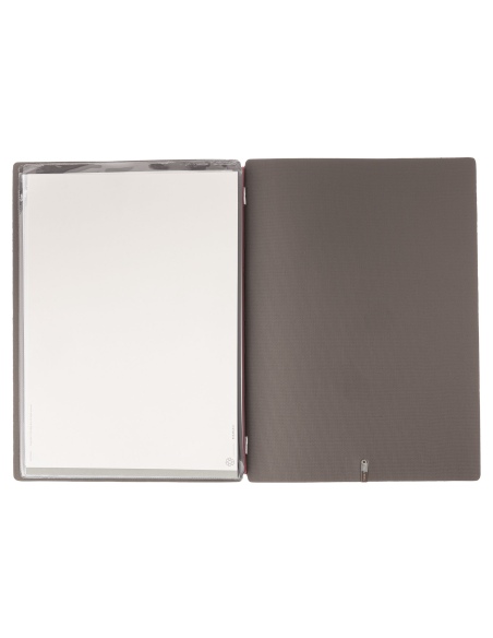 Porta Menu A4 (23,2x31,8 cm) etichetta METAL "personalizzata" (minimo 18 pezzi) 2 buste (4 facciate) elastico rosso JUTA GRIGIO