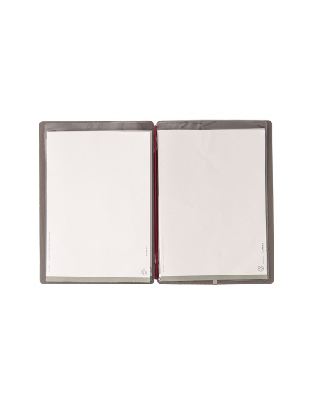Porta Menu A5 (16,5x23,1 cm) etichetta METAL "personalizzata" (minimo 18 pezzi) 2 buste (4 facciate) elastico rosso JUTA GRIGIO