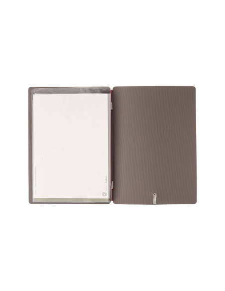 Porta Menu A5 (16,5x23,1 cm) etichetta METAL "personalizzata" (minimo 18 pezzi) 2 buste (4 facciate) elastico rosso JUTA GRIGIO