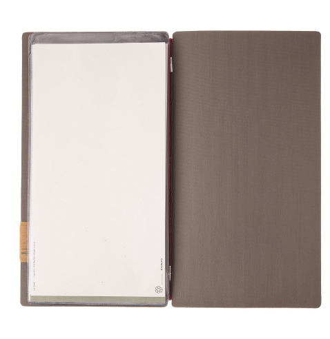 Porta Menu A4 SLIM (17,4x31,8 cm) etichetta PATCH "personalizzata" (minimo 18 pezzi) 2 buste (4 facciate) elastico rosso JUTA GR