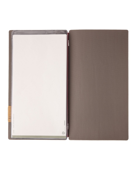 Porta Menu A4 SLIM (17,4x31,8 cm) etichetta PATCH "personalizzata" (minimo 18 pezzi) 2 buste (4 facciate) elastico rosso JUTA GR