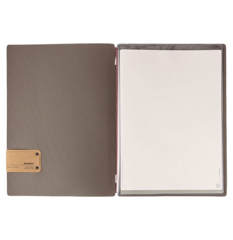 Porta Menu A4 (23,2x31,8 cm) etichetta PATCH "personalizzata" (minimo 18 pezzi) 2 buste (4 facciate) elastico rosso JUTA GRIGIO