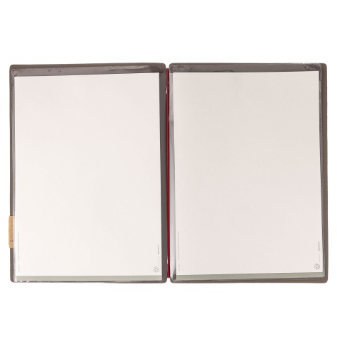 Porta Menu A4 (23,2x31,8 cm) etichetta PATCH "personalizzata" (minimo 18 pezzi) 2 buste (4 facciate) elastico rosso JUTA GRIGIO