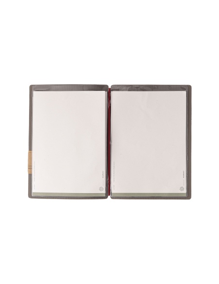 Porta Menu A5 (16,5x23,1 cm) etichetta PATCH "personalizzata" (minimo 18 pezzi) 2 buste (4 facciate) elastico rosso JUTA GRIGIO