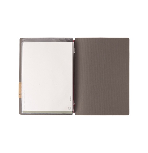 Porta Menu A5 (16,5x23,1 cm) etichetta PATCH "personalizzata" (minimo 18 pezzi) 2 buste (4 facciate) elastico rosso JUTA GRIGIO