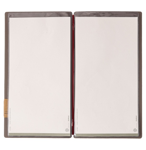 Porta Menu A4 SLIM (17,4x31,8 cm) etichetta PATCH "menu" 2 buste (4 facciate) elastico rosso JUTA GRIGIO