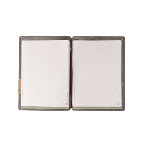 Porta Menu A5 (16,5x23,1 cm) etichetta PATCH "menu" 2 buste (4 facciate) elastico rosso JUTA GRIGIO