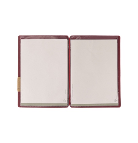 Porta Menu A5 (16,5x23,1 cm) etichetta PATCH "menu" 2 buste (4 facciate) elastico rosso JUTA BORDEAUX