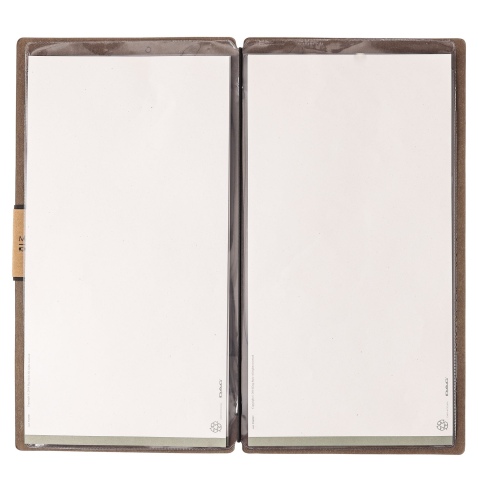 Porta Menu A4 SLIM (17,4x31,8 cm) etichetta PATCH "menu" 2 buste (4 facciate) elastico nero ECOMENU MARRONE sp. 0.6