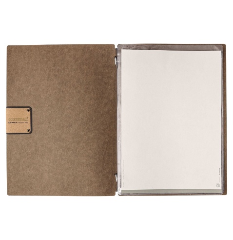Porta Menu A4 (23,2x31,8 cm) etichetta PATCH "menu" 2 buste (4 facciate) elastico nero ECOMENU MARRONE sp. 0.6