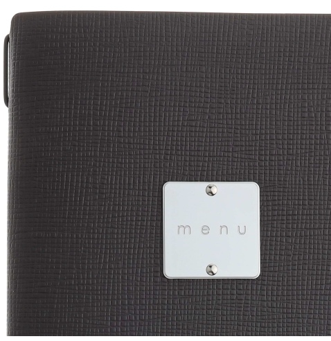 Porta Menu A4 SLIM (17,4x31,8 cm) etichetta METAL "menu" 2 buste (4 facciate) elastico nero CHEF MARRONE