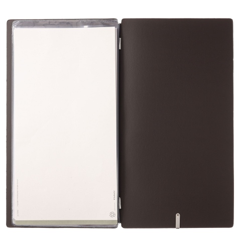 Porta Menu A4 SLIM (17,4x31,8 cm) etichetta METAL "personalizzata" (minimo 18 pezzi) 2 buste (4 facciate) elastico nero CHEF MAR