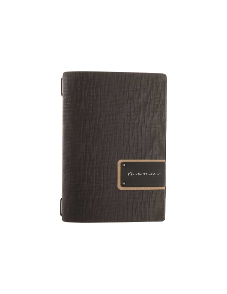 Porta Menu A5 (16,5x23,1 cm) etichetta PATCH "personalizzata" (minimo 18 pezzi) 2 buste (4 facciate) elastico nero CHEF MARRONE