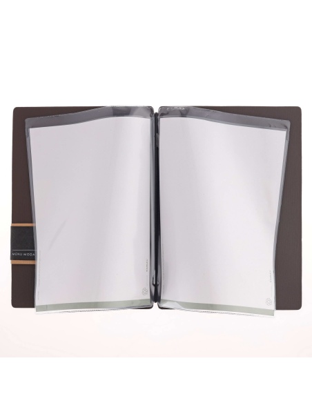 Porta Menu A5 (16,5x23,1 cm) etichetta PATCH "personalizzata" (minimo 18 pezzi) 2 buste (4 facciate) elastico nero CHEF MARRONE