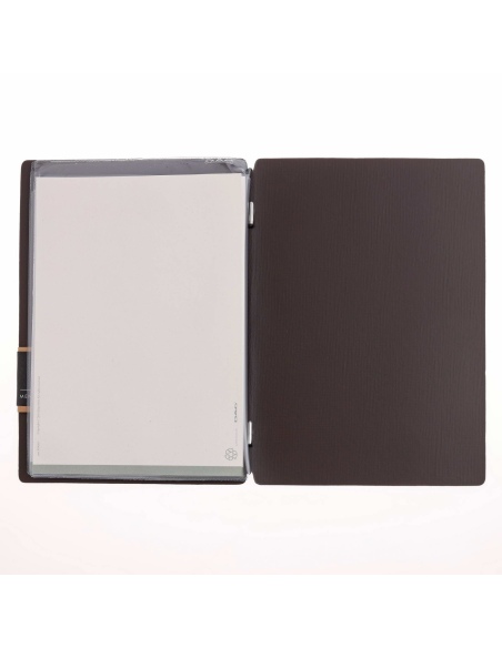 Porta Menu A5 (16,5x23,1 cm) etichetta PATCH "personalizzata" (minimo 18 pezzi) 2 buste (4 facciate) elastico nero CHEF MARRONE