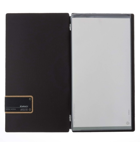 Porta Menu A4 SLIM (17,4x31,8 cm) etichetta PATCH "menu" 2 buste (4 facciate) elastico nero CHEF MARRONE