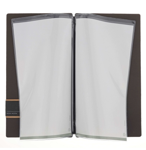 Porta Menu A4 SLIM (17,4x31,8 cm) etichetta PATCH "menu" 2 buste (4 facciate) elastico nero CHEF MARRONE