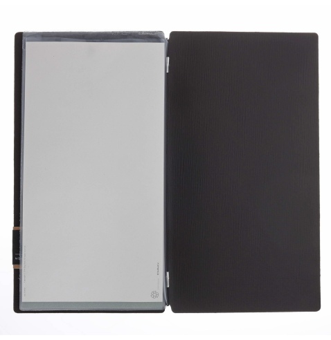 Porta Menu A4 SLIM (17,4x31,8 cm) etichetta PATCH "menu" 2 buste (4 facciate) elastico nero CHEF MARRONE