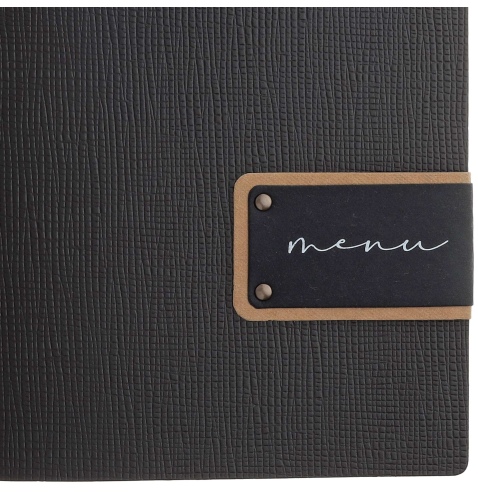 Porta Menu A4 SLIM (17,4x31,8 cm) etichetta PATCH "menu" 2 buste (4 facciate) elastico nero CHEF MARRONE