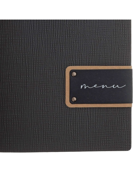 Porta Menu A4 SLIM (17,4x31,8 cm) etichetta PATCH "menu" 2 buste (4 facciate) elastico nero CHEF MARRONE