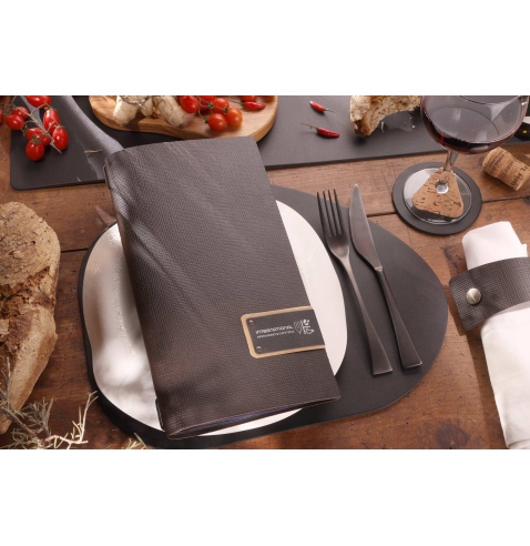 Porta Menu A4 SLIM (17,4x31,8 cm) etichetta PATCH "menu" 2 buste (4 facciate) elastico nero CHEF MARRONE