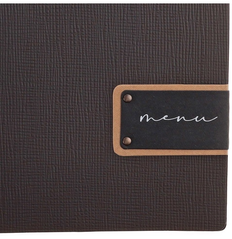 Porta Menu A4 (23,2x31,8 cm) etichetta PATCH "menu" 2 buste (4 facciate) elastico nero CHEF MARRONE