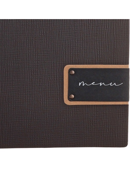 Porta Menu A4 (23,2x31,8 cm) etichetta PATCH "menu" 2 buste (4 facciate) elastico nero CHEF MARRONE