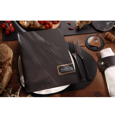 Porta Menu A4 (23,2x31,8 cm) etichetta PATCH "menu" 2 buste (4 facciate) elastico nero CHEF MARRONE