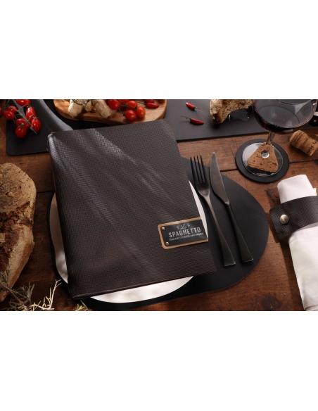 Porta Menu A4 (23,2x31,8 cm) etichetta PATCH "menu" 2 buste (4 facciate) elastico nero CHEF MARRONE