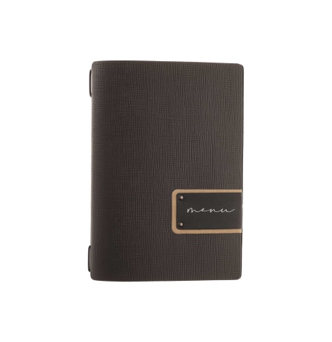Porta Menu A5 (16,5x23,1 cm) etichetta PATCH "menu" 2 buste (4 facciate) elastico nero CHEF MARRONE
