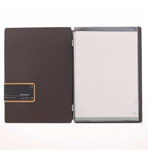 Porta Menu A5 (16,5x23,1 cm) etichetta PATCH "menu" 2 buste (4 facciate) elastico nero CHEF MARRONE