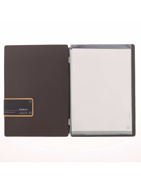 Porta Menu A5 (16,5x23,1 cm) etichetta PATCH "menu" 2 buste (4 facciate) elastico nero CHEF MARRONE