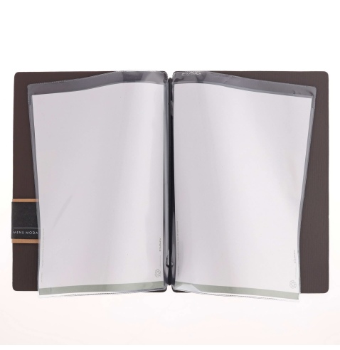 Porta Menu A5 (16,5x23,1 cm) etichetta PATCH "menu" 2 buste (4 facciate) elastico nero CHEF MARRONE