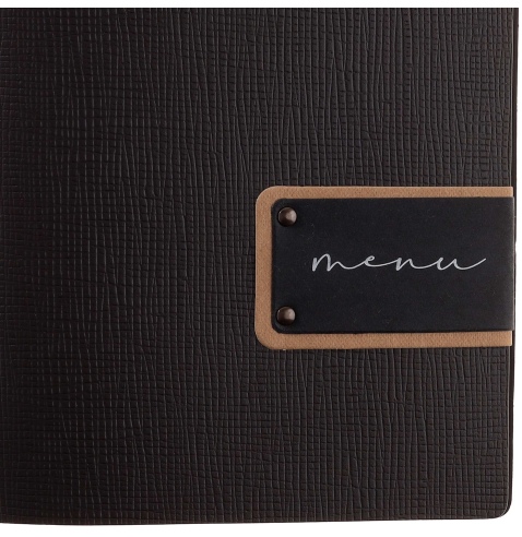 Porta Menu A5 (16,5x23,1 cm) etichetta PATCH "menu" 2 buste (4 facciate) elastico nero CHEF MARRONE