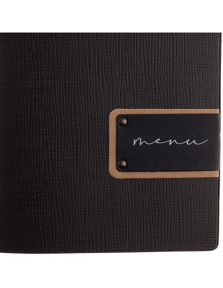 Porta Menu A5 (16,5x23,1 cm) etichetta PATCH "menu" 2 buste (4 facciate) elastico nero CHEF MARRONE