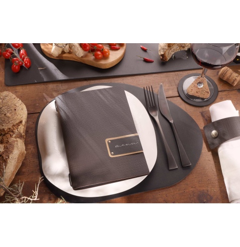 Porta Menu A5 (16,5x23,1 cm) etichetta PATCH "menu" 2 buste (4 facciate) elastico nero CHEF MARRONE