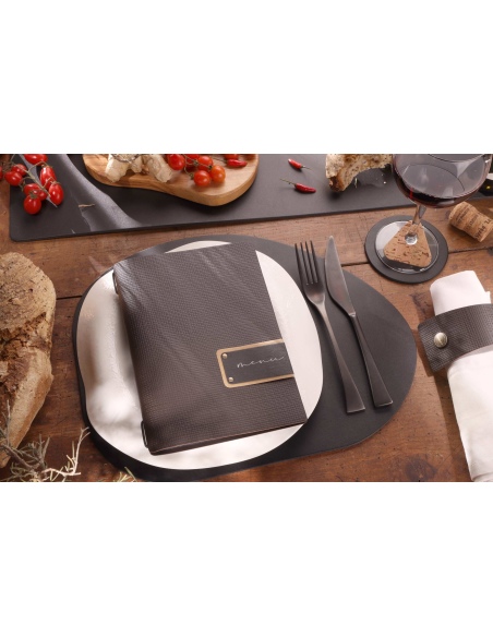Porta Menu A5 (16,5x23,1 cm) etichetta PATCH "menu" 2 buste (4 facciate) elastico nero CHEF MARRONE