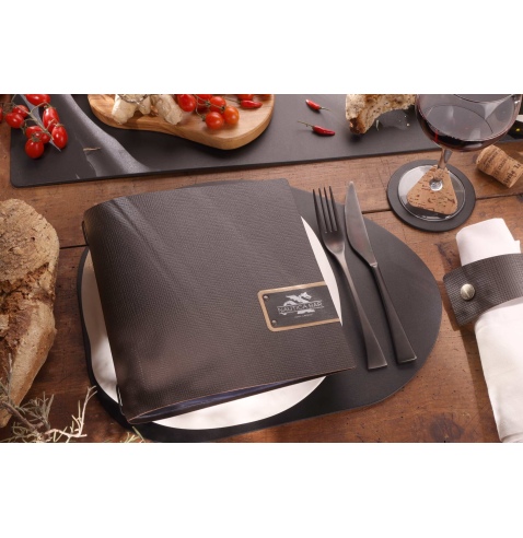 Porta Menu QUADRATO (23x23,1 cm) etichetta PATCH "menu" 2 buste (4 facciate) elastico nero CHEF MARRONE