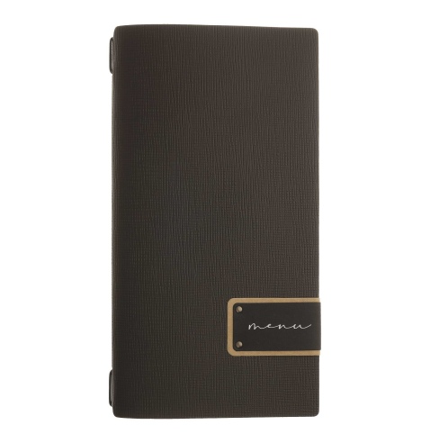 Porta Menu A4 SLIM (17,4x31,8 cm) etichetta PATCH "personalizzata" (minimo 18 pezzi) solo elastico nero CHEF MARRONE