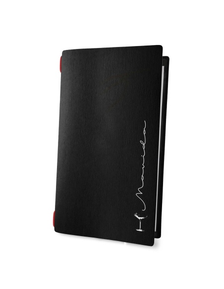 Porta Menu CUSTOM A4 SLIM (17,4x31,8 cm) "MOVIDA" 2 buste (4 facciate) elastico rosso ECO NERO sp. 0.6