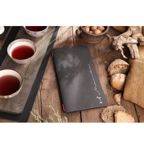 Porta Menu CUSTOM A4 SLIM (17,4x31,8 cm) "MOVIDA" 2 buste (4 facciate) elastico rosso ECO NERO sp. 0.6