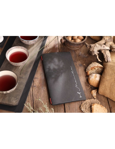 Porta Menu CUSTOM A4 SLIM (17,4x31,8 cm) "MOVIDA" 2 buste (4 facciate) elastico rosso ECO NERO sp. 0.6
