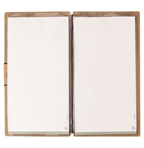 Porta Menu A4 SLIM (17,4x31,8 cm) etichetta PATCH "menu" 2 buste (4 facciate) elastico nero ECOMENU NATURALE sp. 0.6