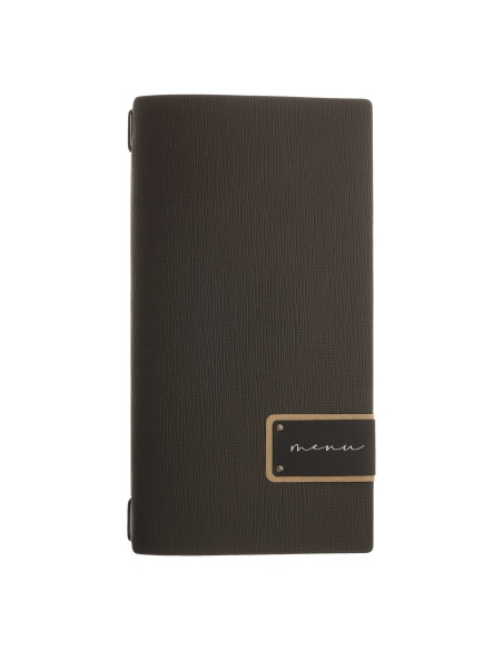 Porta Menu A4 SLIM (17,4x31,8 cm) etichetta PATCH "menu" solo elastico nero CHEF MARRONE