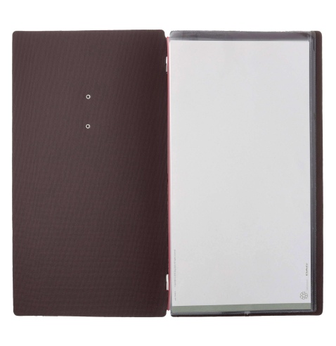 Porta Menu A4 SLIM (17,4x31,8 cm) etichetta METAL "menu" 2 buste (4 facciate) elastico rosso JUTA MARRONE