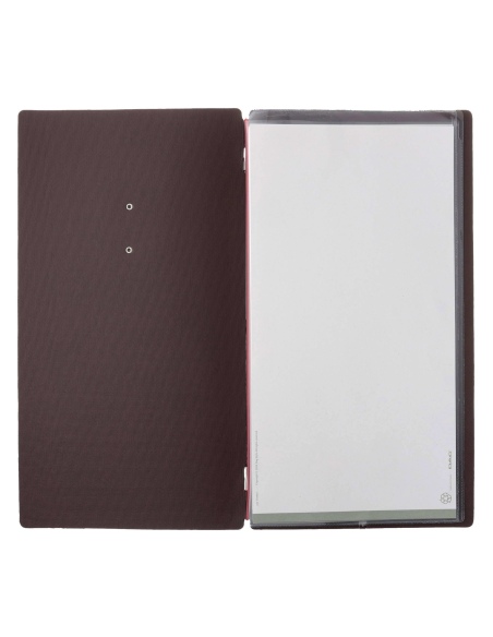 Porta Menu A4 SLIM (17,4x31,8 cm) etichetta METAL "menu" 2 buste (4 facciate) elastico rosso JUTA MARRONE