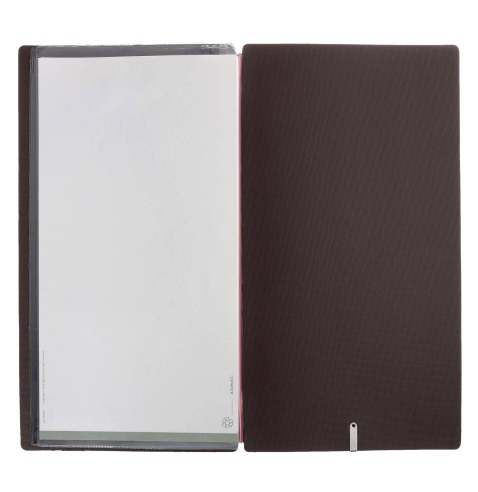 Porta Menu A4 SLIM (17,4x31,8 cm) etichetta METAL "menu" 2 buste (4 facciate) elastico rosso JUTA MARRONE