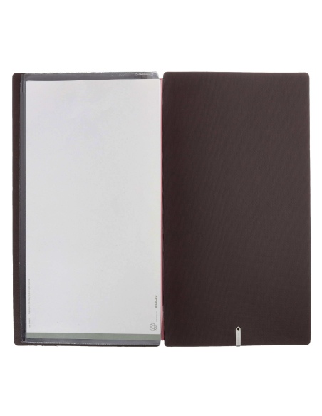Porta Menu A4 SLIM (17,4x31,8 cm) etichetta METAL "menu" 2 buste (4 facciate) elastico rosso JUTA MARRONE