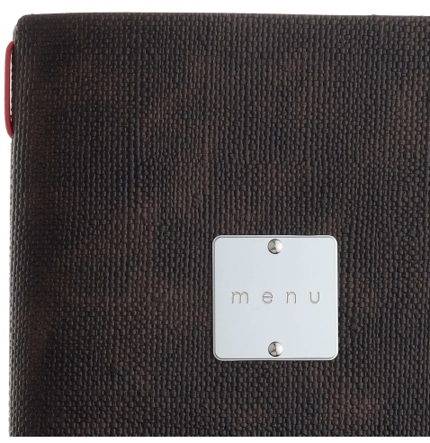 Porta Menu A4 SLIM (17,4x31,8 cm) etichetta METAL "menu" 2 buste (4 facciate) elastico rosso JUTA MARRONE