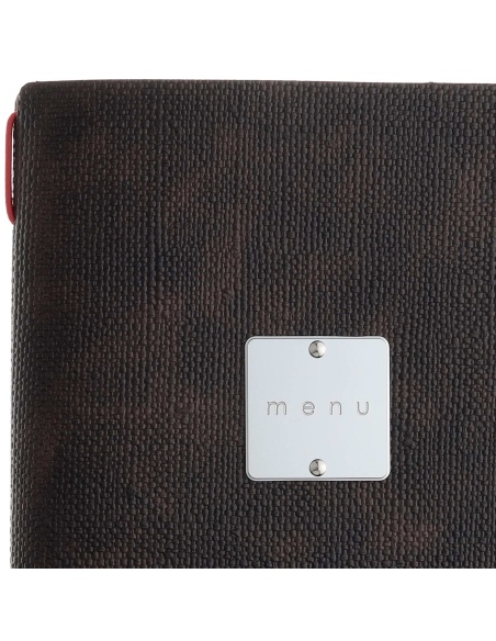 Porta Menu A4 SLIM (17,4x31,8 cm) etichetta METAL "menu" 2 buste (4 facciate) elastico rosso JUTA MARRONE
